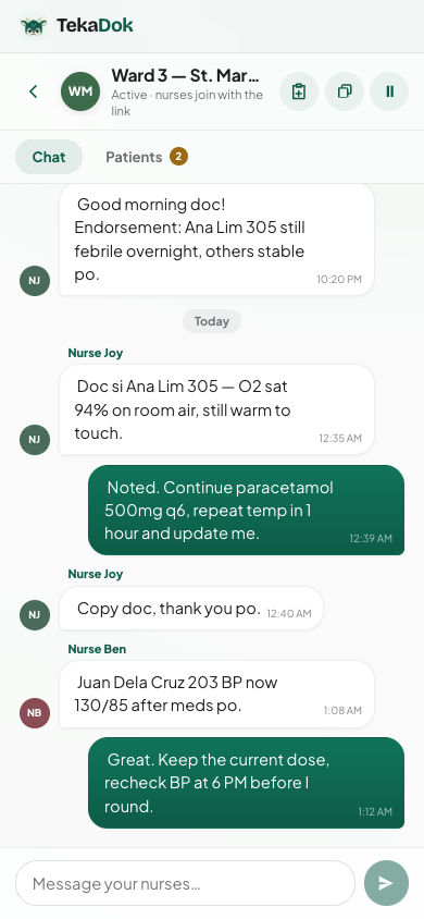 A ward channel on mobile: nurses' updates and the doctor's replies in one thread